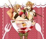  1girl brother_and_sister cup food fruit ice_cream in_container in_cup in_food kagamine_len kagamine_rin minigirl pocky sakuragi_kei siblings strawberry twins vocaloid 