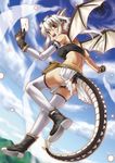  :d armlet ass dragon_girl fangs flying gloves goggles goggles_on_head horns letter miyai_sen monster_girl open_mouth original pointy_ears red_eyes short_hair smile solo tail thighhighs white_hair white_legwear wings 