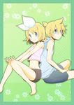  1girl back-to-back bad_id bad_pixiv_id barefoot blonde_hair blue_eyes brother_and_sister casual hair_ribbon kagamine_len kagamine_rin matsyumaro midriff navel ribbon short_hair shorts siblings smile twins vocaloid 