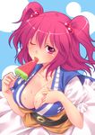  bad_id bad_pixiv_id breasts cleavage food hair_bobbles hair_ornament large_breasts one_eye_closed onozuka_komachi pink_hair popsicle short_hair solo takahina touhou two_side_up watermelon_bar 