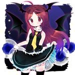  ahoge amo bat_wings black_legwear dress dress_lift fang head_wings koakuma long_hair necktie red_eyes red_hair skirt_hold sleeveless solo thighhighs touhou wings wrist_cuffs yellow_neckwear zettai_ryouiki 