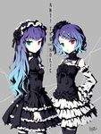  anti_the_infinite_holic_(vocaloid) arm_at_side bad_id bad_pixiv_id bangs bare_shoulders black_dress black_flower black_legwear black_rose blue_hair breasts closed_mouth cowboy_shot criss-cross_halter detached_collar detached_sleeves dress flower gothic_lolita gradient_hair grey_background hair_flower hair_ornament hairband hairclip halterneck hand_on_hip hat heterochromia kagamine_rin lolita_fashion lolita_hairband long_hair long_sleeves looking_at_viewer megurine_luka multicolored_hair multiple_girls nyanya pale_skin parted_lips purple_hair rose short_hair short_over_long_sleeves short_sleeves signature simple_background skirt small_breasts song_name swept_bangs thighhighs vocaloid white_skirt 