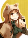  1girl absurdres animal_ears ayakura_juu beard brown_hair chibi craft_lawrence facial_hair giantess hands hat highres holo long_hair miniboy official_art poncho red_eyes scan short_hair silver_hair smile spice_and_wolf wolf_ears 