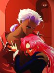  2girls dark_skin f_(fuji) glasses himemiya_anthy hug long_hair multiple_girls ootori_akio pink_hair purple_hair shoujo_kakumei_utena tenjou_utena 