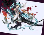  ahoge bad_id bad_pixiv_id bird blue_eyes blue_hair detached_sleeves flower gou_(tomero) hair_ribbon hands hatsune_miku headphones legs long_hair necktie open_mouth petals ribbon rose skirt smile solo thighhighs twintails very_long_hair vocaloid zettai_ryouiki 