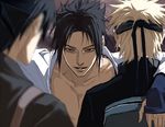  black_hair blonde_hair blurry collarbone depth_of_field evil_smile fingerless_gloves from_behind gloves hug lily_(artist) lowres male_focus multiple_boys naruto_(series) naruto_shippuuden parted_lips sai_(naruto) smile spiked_hair uchiha_sasuke upper_body uzumaki_naruto 