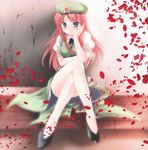  blue_eyes blush hat hong_meiling long_hair namamo_nanase petals red_hair rose_petals solo touhou 