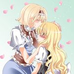  alice_margatroid alternate_hairstyle bad_id bad_pixiv_id blonde_hair blush closed_eyes forehead_kiss hairband kirisame_marisa kiss long_hair multiple_girls nanase_nao petals short_hair touhou yellow_eyes yuri 