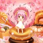  angel_french bad_id bad_pixiv_id carnelian copyright_request d-pop doughnut dress flower food french_cruller honey_churro in_food lowres minigirl mister_donut old-fashioned_doughnut pink_hair plate short_hair solo 