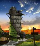  bad_id bad_pixiv_id maribel_hearn multiple_girls observatory observatory_dome ruins scenery sunset tokoroten_(hmmuk) touhou tower usami_renko 