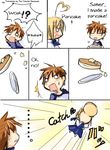  1girl artoria_pendragon_(all) catch chibi duplicate emiya_shirou fate/stay_night fate_(series) food hard_translated heart mouth_hold pancake plate saber translated 