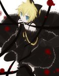  bad_id bad_pixiv_id black_dress blonde_hair blue_eyes crossdressing dress hair_ribbon imitation_black_(vocaloid) kagamine_len kneeling male_focus otoko_no_ko ribbon smile solo vocaloid yuzuri_sa 