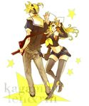  1girl bad_id bad_pixiv_id blonde_hair blue_eyes brother_and_sister detached_sleeves hair_ornament hair_ribbon hairclip headphones highres instrument kagamine_len kagamine_rin keytar legs long_hair microphone midriff navel nia_(four_winds) older ribbon shorts siblings smile thighhighs twins vocaloid 