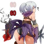  ? aasara ass burning damage_numbers elbow_gloves fantasy_earth_zero feathers fire from_behind gameplay_mechanics gloves long_hair looking_back ponytail purple_eyes silver_hair solo strap 