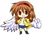  backpack bag brown_hair chibi clenched_hand coat denim denim_shorts hairband kannazuki_yukito kanon mittens red_eyes short_hair shorts solo tsukimiya_ayu wings 