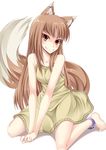  animal_ears anklet barefoot feet holo ichijou_hitoshi jewelry kneeling long_hair red_eyes smile solo spice_and_wolf tail wolf_ears 