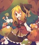  :d ana_(rznuscrf) blonde_hair brown_eyes gradient_hair hat heart kirisame_marisa multicolored_hair mushroom one_eye_closed open_mouth outstretched_arm outstretched_hand smile solo touhou witch_hat 