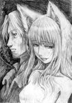  1girl animal_ears clothed_male_nude_female craft_lawrence fang greyscale holo katzeh monochrome nude spice_and_wolf traditional_media wolf_ears 