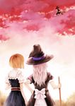  alice_margatroid back bad_id bad_pixiv_id blonde_hair broom broom_riding flying from_behind fukahire_(ruinon) hand_on_hip hat kirisame_marisa long_hair multiple_girls short_hair time_paradox touhou witch_hat 