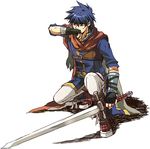  artist_request blue_eyes blue_hair cape fire_emblem fire_emblem:_souen_no_kiseki gloves headband ike lowres male_focus solo sword weapon 