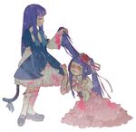  bangs blood blue_hair blunt_bangs blush bow cat_tail chajka commentary_request crying dress flower frederica_bernkastel frills furudo_erika hair_ornament hair_pull kneehighs light_smile lolita_fashion long_hair mary_janes multiple_girls open_mouth pink_bow ribbon rose shoes simple_background skirt smile tail tears too_many too_many_frills twintails umineko_no_naku_koro_ni 