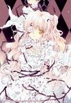  blue_hallelujah dress eyepatch flower frills kirakishou long_hair pink_hair plant rose rozen_maiden solo vines white_dress yellow_eyes 