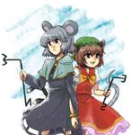  aichi animal_ears brown_hair cat_ears cat_tail chen colorized earrings grey_hair hat holding_hands jewelry mouse_ears mouse_tail multiple_girls multiple_tails nazrin pendant red_eyes short_hair tail touhou 