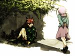  against_wall animal_ears arms_behind_back bad_id bad_pixiv_id braid cat_ears dappled_sunlight from_behind kaenbyou_rin knees_up komeiji_satori mouth_hold multiple_girls red_hair short_hair simple_background standing sunlight tokoroten_(hmmuk) touhou white_background 