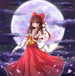  ascot bad_id bad_pixiv_id blush bow brown_eyes brown_hair cloud detached_sleeves full_moon gohei hair_bow hair_tubes hakurei_reimu long_skirt moon night night_sky petals red_skirt skirt sky solo touhou w_rong 