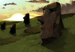  bad_pixiv_id cloud copyright_request easter_island grass landmark landscape moai no_humans scenery sky statue stone sun sunset tokoroten_(hmmuk) 
