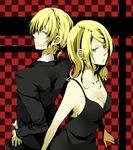  1girl back-to-back bad_id bad_pixiv_id black_dress blonde_hair blue_eyes breasts brother_and_sister cleavage dress formal kagamine_len kagamine_rin medium_breasts older siblings smile suit sumi_(38page) twins vocaloid 