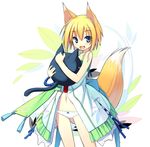  animal_ears blonde_hair blue_eyes fang fox_ears fox_tail holding hug kuroino_(poco) navel original panties poco_(asahi_age) shiratama_kitsune short_hair solo tail underwear 