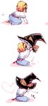  3koma alice_margatroid bad_id bad_pixiv_id barefoot blonde_hair blue_eyes chibi comic crawling green_eyes hairband hat heart highres kagiri kirisame_marisa short_hair silent_comic touhou witch_hat younger 