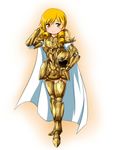  aries_muu armor blonde_hair breastplate cape commentary drill_hair gauntlets gold_armor gold_saint greaves helmet highres kouga_(hipporit) mahou_shoujo_madoka_magica parody saint_seiya smile solo tomoe_mami twin_drills yellow_eyes 