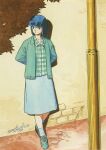  1980s_(style) 1985 1girl blue_eyes blue_hair dated fanneria_amu juusenki_l-gaim kitazume_hiroyuki lamppost looking_to_the_side official_art production_art promotional_art retro_artstyle scan shadow signature socks sweater traditional_media 