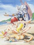  1980s_(style) 1984_(year) 2boys 3girls asphyxiation beach bra cloud daba_myroad dated exercising fairy fanneria_amu gaw_ha_leecee highres juusenki_l-gaim kitazume_hiroyuki kyao_mirao l-gaim lilith_fau mecha multiple_boys multiple_girls official_art parody promotional_art punching red_hair retro_artstyle robot scan signature sunbathing theft topless traditional_media underwear 