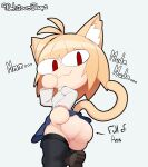  ahoge animal_humanoid boots bottomwear butt cat_humanoid clothed clothing delicioussoup dialogue domestic_cat felid felid_humanoid feline feline_humanoid felis female footwear genitals hair hi_res humanoid leggings legwear looking_at_viewer mammal mammal_humanoid neco-arc neco_spirit no_underwear pussy red_eyes short_stack simple_background skirt solo tail tsukihime type-moon 