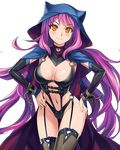  bondage_outfit breasts buckle cape chou_daibouken!_yukeyuke_osawari_island cloak cuffs daibouken!_yukeyuke_osawari_island fishnets game_cg garter_straps hood hooded_cloak large_breasts long_hair pink_hair solo thighhighs transparent_background very_long_hair yellow_eyes 