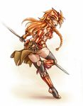  armor barefoot blush braid covering covering_ass dirty_feet embarrassed feet fingerless_gloves freckles gloves les_chevaucheurs loincloth long_hair maxa' midriff muscle navel phenice_walholl polearm red_hair soles spear toeless_legwear toes weapon yellow_eyes 