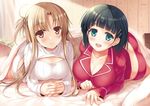  :d asuna_(sao) bad_id bad_pixiv_id black_hair breasts brown_eyes brown_hair cleavage green_eyes kirigaya_suguha large_breasts long_hair lying meme_attire multiple_girls on_stomach open-chest_sweater open_mouth pajamas ribbed_sweater short_hair smile sousouman sweater sword_art_online under_covers 