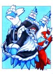 absurd_res blue_body blue_feathers bodily_fluids clothing covering cute_fangs duo embarrassed eon_duo eyes_closed feathers female feral furgonomics generation_3_pokemon hi_res latias latios legendary_duo legendary_pokemon maid_uniform male nintendo open_mouth pincushion pokemon pokemon_(species) rakuorca5rc red_body red_feathers sewing sewing_needle simple_background smile smirk tears torn_clothing uniform upset 