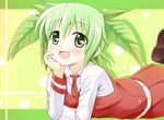  :d gradient_hair green_eyes green_hair leaf leaf_on_head long_hair looking_at_viewer lying multicolored_hair nichika_(nitikapo) on_stomach open_mouth original school_uniform smile solo 
