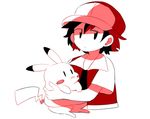  :3 akiyoku bad_id bad_twitter_id collared_shirt gen_1_pokemon hat holding holding_pokemon pikachu pokemon pokemon_(creature) pokemon_(game) pokemon_trainer red_(pokemon) shirt 