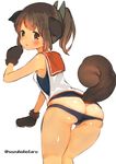  animal_ears ass blush brown_eyes brown_hair dog_ears dog_paws dog_tail hair_ornament i-401_(kantai_collection) kantai_collection kemonomimi_mode leaning_forward looking_at_viewer open_mouth paws ponytail school_swimsuit short_hair simple_background solo standing suzuho_hotaru swimsuit tail tan tanline twitter_username white_background 