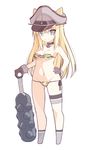  1girl bare_shoulders bismarck_(kantai_collection) blonde_hair blue_eyes blush_stickers bra breasts choker club groin hand_on_hip hat highres horns kanabou kantai_collection looking_at_viewer mound_of_venus navel oni oota_yuuichi panties side-tie_panties smile solo strapless_bra tiger_print underwear underwear_only weapon 