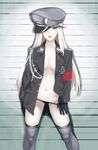  against_wall alternate_costume armband bismarck_(kantai_collection) black_gloves black_legwear black_panties blonde_hair breasts coat collarbone contrapposto cowboy_shot expressionless gloves green_eyes groin hat height_chart highres iron_cross kantai_collection kirisato_itsuki lips lipstick long_hair looking_at_viewer lowleg lowleg_panties makeup medium_breasts micro_panties military military_uniform navel nearly_naked_coat no_bra no_pants one_eye_covered open_clothes open_coat panties panty_pull peaked_cap red_lipstick shadow sideways_hat solo standing thighhighs underwear uniform very_long_hair 