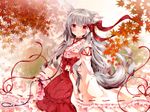  animal_ears blush bow fox_ears fox_tail frills hair_bow hair_ribbon hakama japanese_clothes lolita_fashion long_hair looking_at_viewer nogi_takayoshi original red_eyes red_hakama ribbon silver_hair solo tail wa_lolita 