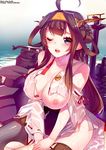  ahoge boots breasts brown_hair hair_bun highres japanese_clothes john.smith kantai_collection kongou_(kantai_collection) large_breasts miniskirt nipples nontraditional_miko one_eye_closed purple_eyes skirt solo tears thigh_boots thighhighs torn_clothes wet 
