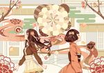  architecture blue_eyes bob_cut brown_hair closed_eyes dango east_asian_architecture egasumi food japanese_clothes kimono long_hair multiple_girls original sanshoku_dango seigaiha short_hair skewer toto tree wagashi yagasuri 