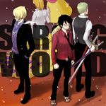  3boys black_hair bolo_tie copyright_name formal green_hair hair_over_one_eye hat monkey_d_luffy multiple_boys nami nami_(one_piece) one_piece one_piece:_strong_world orange_hair roronoa_zoro sandals sanji straw_hat suit sword 